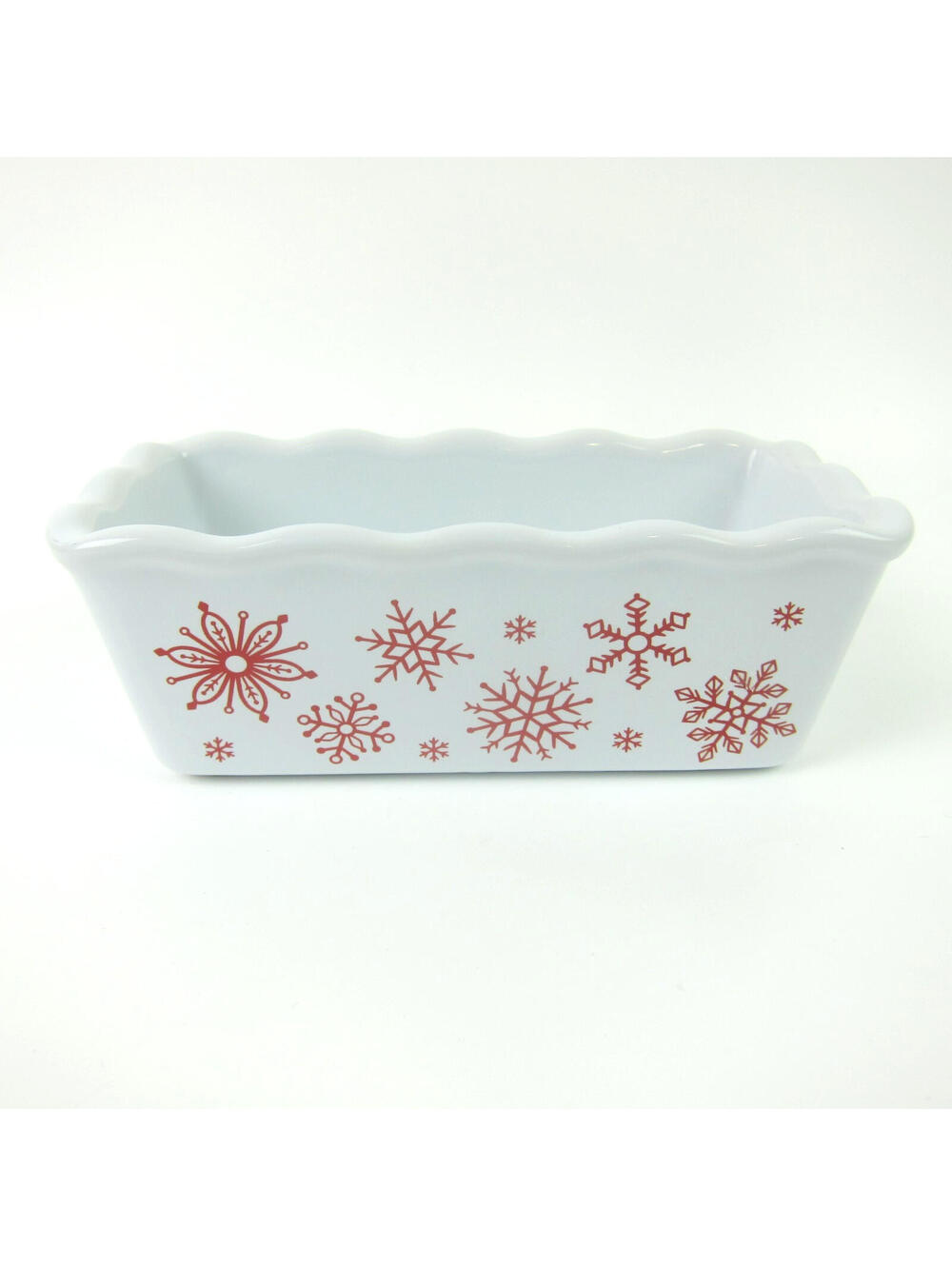 Nantucket Mini Loaf Pan Christmas Holiday Red Snowflakes Ceramic Stoneware 6x3
